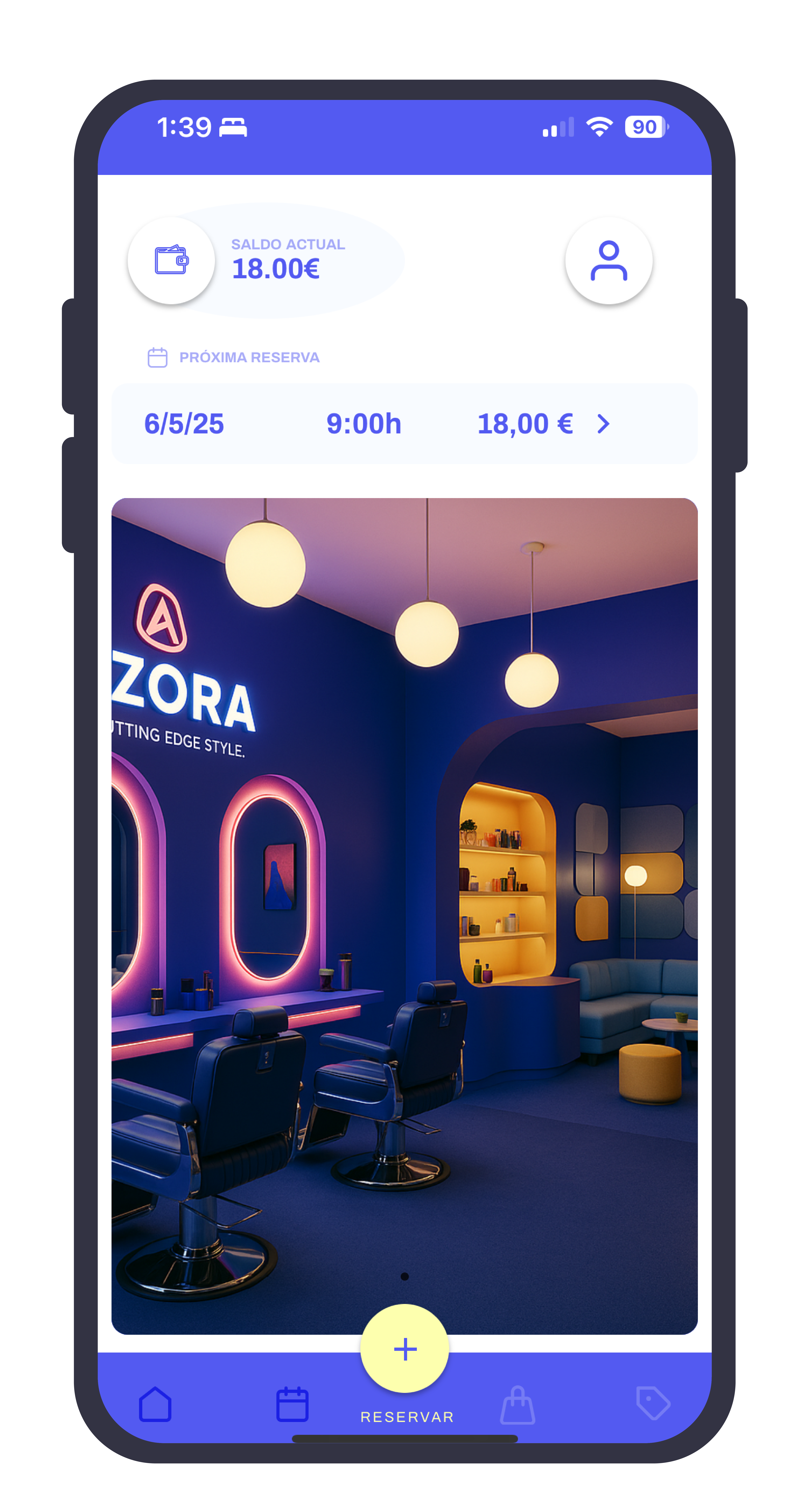 Interfaz de inicio de la app Exora, un software para barbería con diseño personalizado, destacando la marca y ambientación.