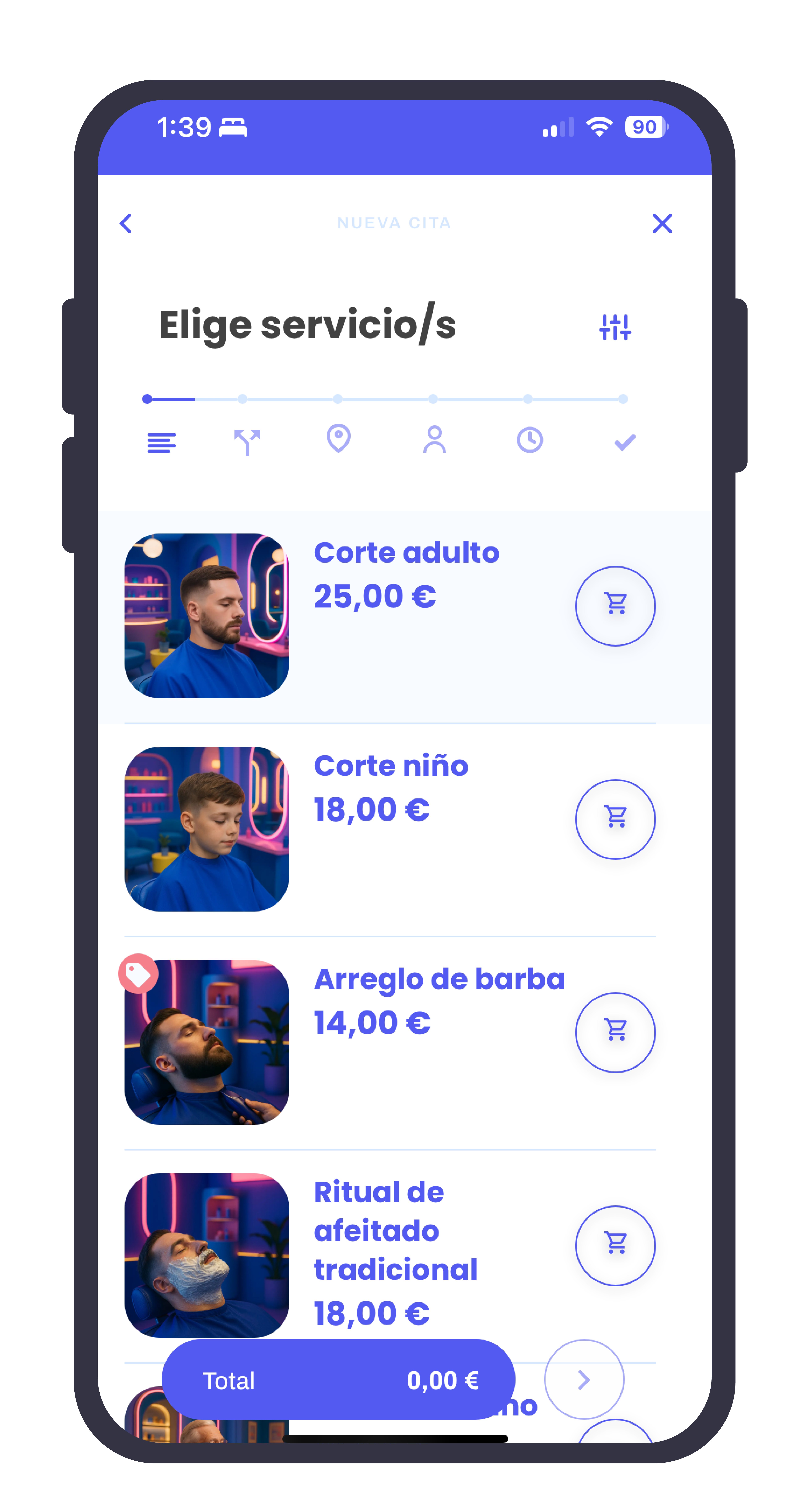 Pantalla de selección de servicios en la app Exora, mostrando precios y tipos de cortes disponibles, ideal para la gestión de reservas en barberías.