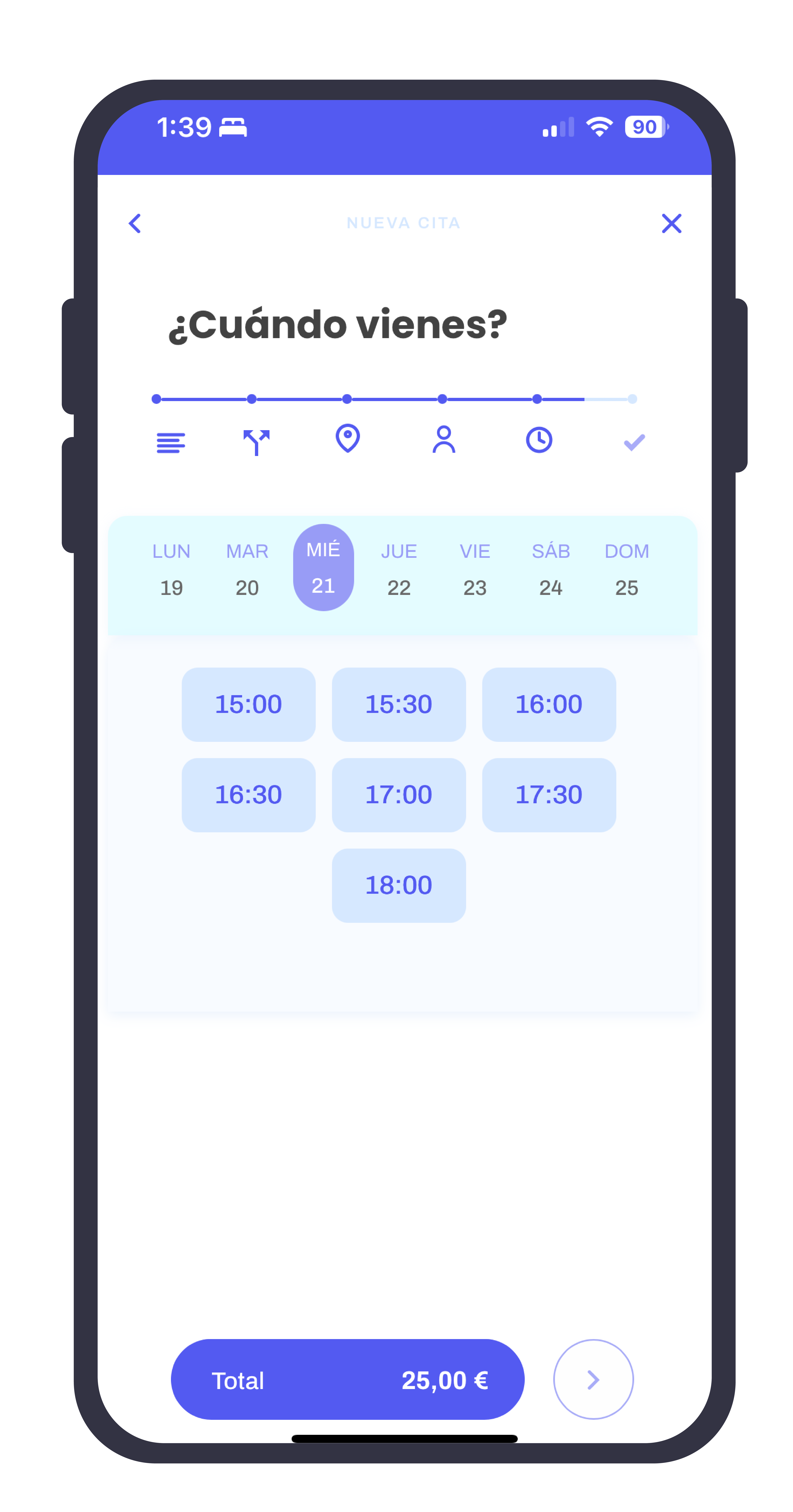 Pantalla de la app Exora para elegir fecha y hora de cita en una barbería, parte de un software para barbería que optimiza la gestión de reservas.