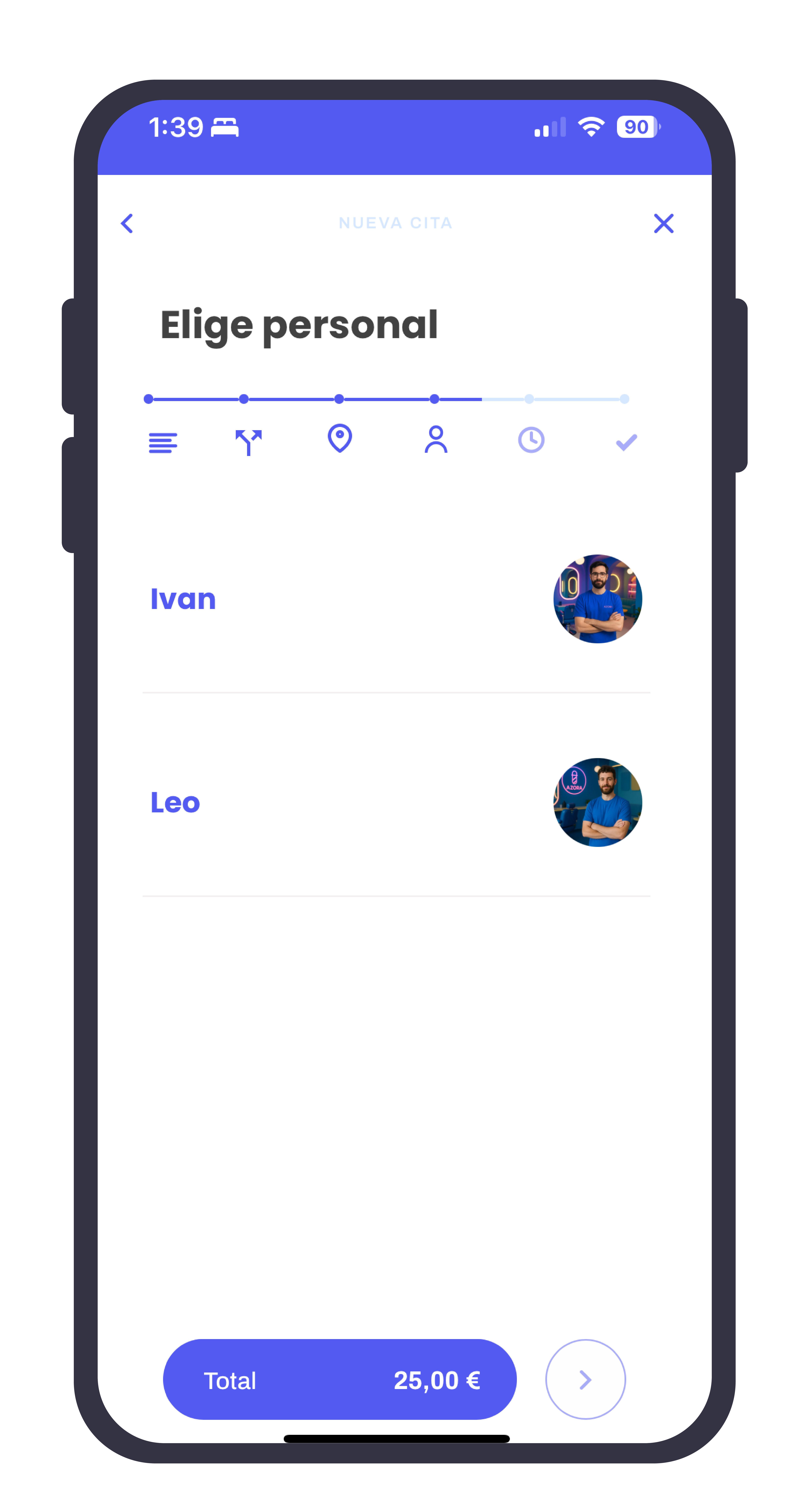 Pantalla de selección de barbero en la app Exora, una plataforma de fidelización y gestión de reservas para barberías.